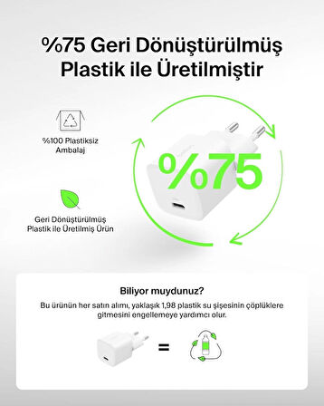 Belkin BoostCharge USB-C 25 W PD 3.0 PPS Hızlı Şarj Cihazı, Beyaz