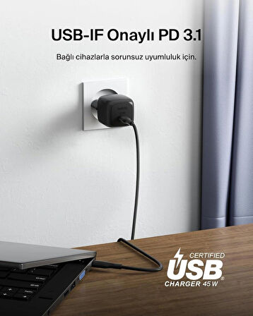 Belkin Kompakt Duvar Şarj Cihazı 45 W + USB-C - USB-C Kablosu, Siyah