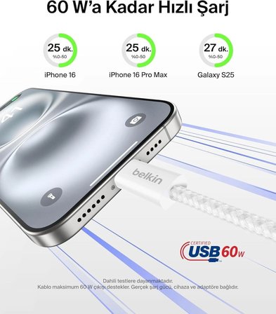 BELKİN 2 li 60W USB-C to USB-C Yumuşak Esnek ve Hızlı Şarj Kablosu Örgülü Beyaz 1.5metre