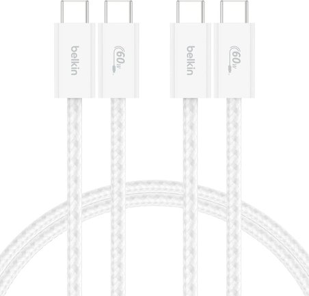 BELKİN 2 li 60W USB-C to USB-C Yumuşak Esnek ve Hızlı Şarj Kablosu Örgülü Beyaz 1.5metre