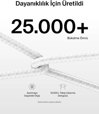 BELKİN 2 li 60W USB-C to USB-C Yumuşak Esnek ve Hızlı Şarj Kablosu Örgülü Beyaz 1.5metre