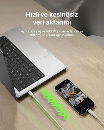 Belkin Eco Örgülü USB-C - USB-C 1 m, 240 W, Tip-C Hızlı Şarj Kablosu - Beyaz (USB 2.0)