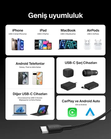 Belkin Eco Örgülü USB-C - USB-C Kablosu, 2 m, 240 W, Siyah