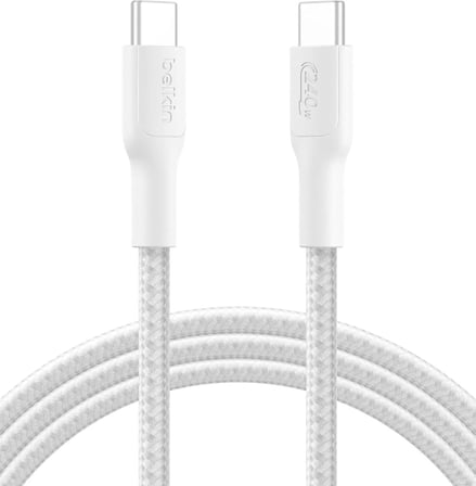 Belkin Eco Örgülü USB-C - USB-C 2 m, 240 W, Tip-C Hızlı Şarj Kablosu - Beyaz (USB 2.0)