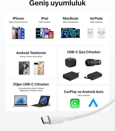 Belkin Eco Örgülü USB-C - USB-C 2 m, 240 W, Tip-C Hızlı Şarj Kablosu - Beyaz (USB 2.0)
