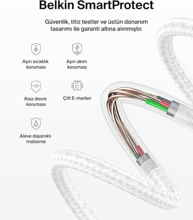 Belkin Eco Örgülü USB-C - USB-C 2 m, 240 W, Tip-C Hızlı Şarj Kablosu - Beyaz (USB 2.0)