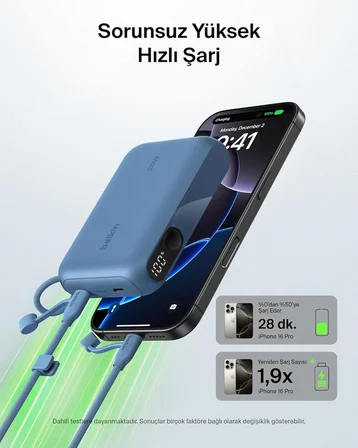 Belkin BoostCharge Dijital Ekranlı 10000 mAh 20W Hızlı Şarj Powerbank, Mavi