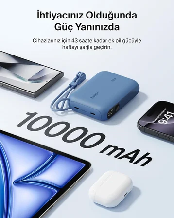 Belkin BoostCharge Dijital Ekranlı 10000 mAh 20W Hızlı Şarj Powerbank, Mavi
