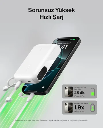Belkin BoostCharge Dijital Ekranlı 10000 mAh 20W Hızlı Şarj Powerbank, Beyaz