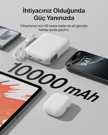 Belkin BoostCharge Dijital Ekranlı 10000 mAh 20W Hızlı Şarj Powerbank, Beyaz