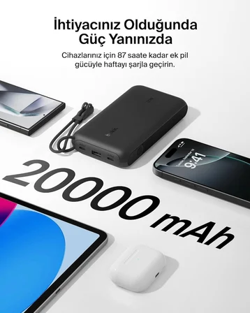 Belkin Boostcharge Power Bank 20000 Mah Display, PD 20W USB-C Kablolu, Siyah