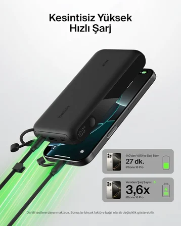 Belkin Boostcharge Power Bank 20000 Mah Display, PD 20W USB-C Kablolu, Siyah
