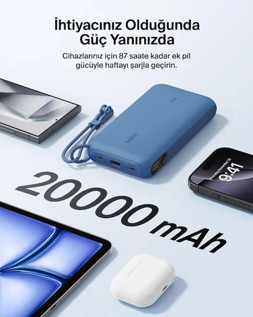 Belkin Boostcharge Power Bank 20000 Mah Display, PD 20W USB-C Kablolu, Mavi