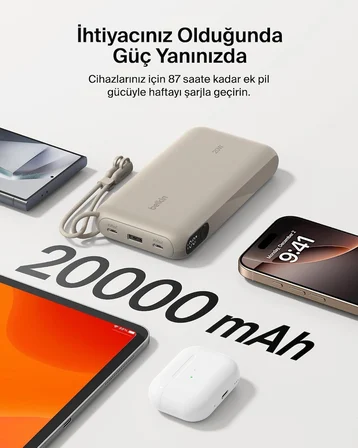 Belkin Boostcharge Power Bank 20000 Mah Display, PD 20W USB-C Kablolu, Kum Rengi