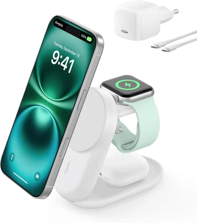 Belkin UltraCharge MagSafe Uyumlu 3'ü 1 Arada Qi2 25W Kablosuz Şarj Cihazı, 45W Adaptör, Beyaz