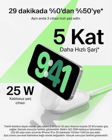 Belkin UltraCharge MagSafe Uyumlu 3'ü 1 Arada Qi2 25W Kablosuz Şarj Cihazı, 45W Adaptör, Beyaz