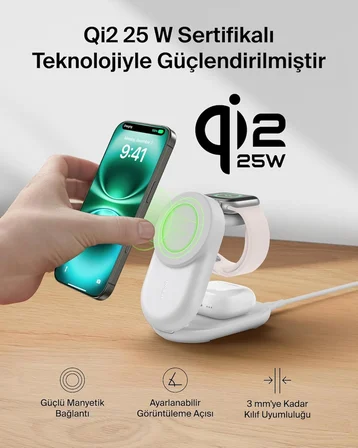 Belkin UltraCharge MagSafe Uyumlu 3'ü 1 Arada Qi2 25W Kablosuz Şarj Cihazı, 45W Adaptör, Beyaz