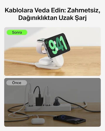 Belkin UltraCharge MagSafe Uyumlu 3'ü 1 Arada Qi2 25W Kablosuz Şarj Cihazı, 45W Adaptör, Beyaz