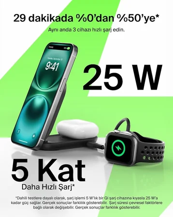 Belkin UltraCharge MagSafe Uyumlu 2'si 1 Arada Qi2 25W Kablosuz Şarj İstasyonu, USB-C Portlu, 45W Adaptör, Siyah
