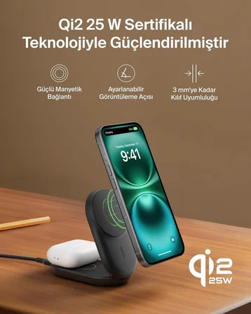 Belkin UltraCharge MagSafe Uyumlu 2'si 1 Arada Qi2 25W Kablosuz Şarj İstasyonu, USB-C Portlu, 45W Adaptör, Siyah