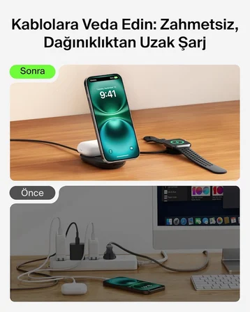 Belkin UltraCharge MagSafe Uyumlu 2'si 1 Arada Qi2 25W Kablosuz Şarj İstasyonu, USB-C Portlu, 45W Adaptör, Siyah