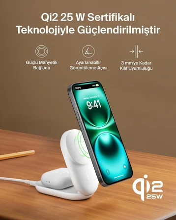 Belkin UltraCharge MagSafe Uyumlu 2'si 1 Arada Qi2 25W Kablosuz Şarj İstasyonu, USB-C Portlu, 45W Adaptör, Beyaz