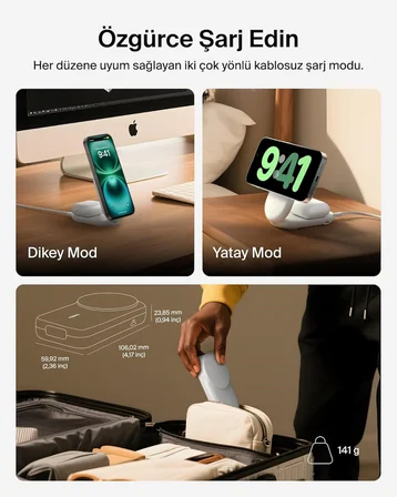 Belkin UltraCharge MagSafe Uyumlu 2'si 1 Arada Qi2 25W Kablosuz Şarj İstasyonu, USB-C Portlu, 45W Adaptör, Beyaz