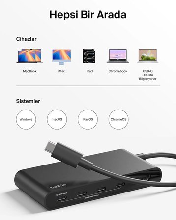 Belkin USB-C Hub, 5 Portlu Hub, 4K HDMI Görüntüleme, 60Hz, 100W Güç Dağıtımı, 10 Gbps Hızlı Veri Aktarımı, USB-C Çoklu Bağlantı Noktalı Adaptör