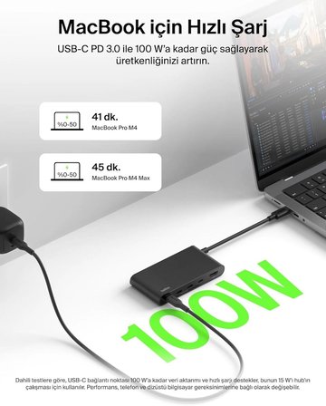 Belkin USB-C Hub, 5 Portlu Hub, 4K HDMI Görüntüleme, 60Hz, 100W Güç Dağıtımı, 10 Gbps Hızlı Veri Aktarımı, USB-C Çoklu Bağlantı Noktalı Adaptör