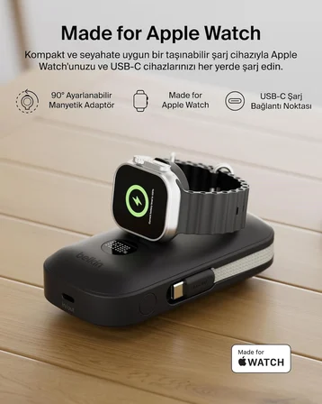 Belkin BoostCharge Pro 10K mAh Power Bank ve Apple Watch Şarj Cihazlı, Entegre Örgülü USB-C Kablo ve Dijital Ekranlı Taşınabilir Şarj Cihazı, 45 W, Siyah