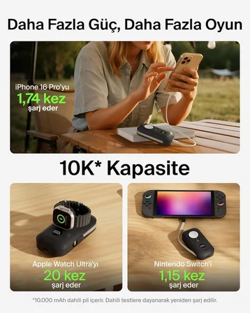 Belkin BoostCharge Pro 10K mAh Power Bank ve Apple Watch Şarj Cihazlı, Entegre Örgülü USB-C Kablo ve Dijital Ekranlı Taşınabilir Şarj Cihazı, 45 W, Siyah