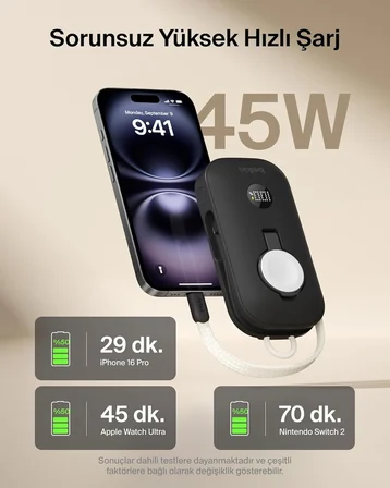 Belkin BoostCharge Pro 10K mAh Power Bank ve Apple Watch Şarj Cihazlı, Entegre Örgülü USB-C Kablo ve Dijital Ekranlı Taşınabilir Şarj Cihazı, 45 W, Siyah