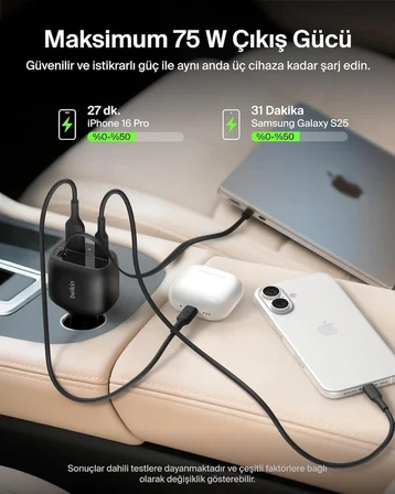 Belkin Boost Charge USB-C Araç Şarj Cihazı, 75 W, 75 cm Geri Çekilebilir USB-C Kablo