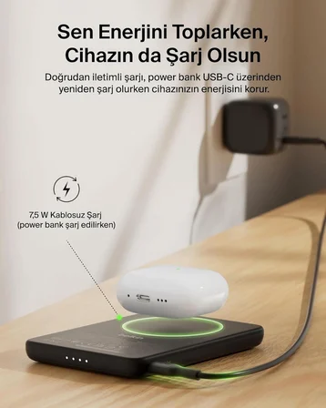 Belkin BoostCharge 5000 mAh İnce MagSafe USB-C Power Bank, Siyah