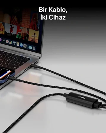 Belkin BoostCharge Pro 2'si 1 Arada 140 W USB-C - USB-C Örgülü Çift Şarj Kablosu, 1.5M, Siyah