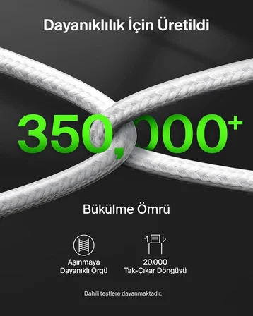 Belkin BoostCharge Pro 2'si 1 Arada 140 W USB-C - USB-C Örgülü Çift Şarj Kablosu, 1.5M, Beyaz