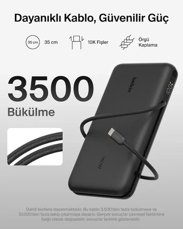 Belkin UltraCharge Pro 25000 mAh Dijital Ekranlı, 1 x USB-C Bağlantı Noktası + Entegre Kablo, 1 x USB-A, 158 W PD, Powerbank