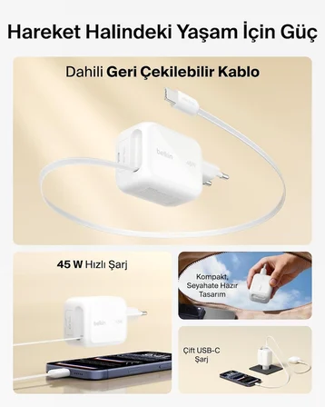 Belkin UltraCharge 45 W GaN Şarj Aleti, 0,8 m Geri Çekilebilir USB-C Kablo ile, Beyaz