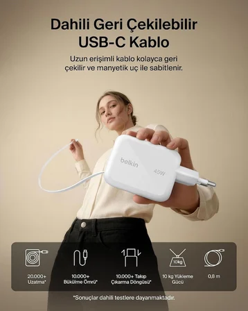 Belkin UltraCharge 45 W GaN Şarj Aleti, 0,8 m Geri Çekilebilir USB-C Kablo ile, Beyaz
