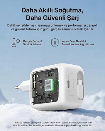 Belkin UltraCharge 45 W GaN Şarj Aleti, 0,8 m Geri Çekilebilir USB-C Kablo ile, Beyaz