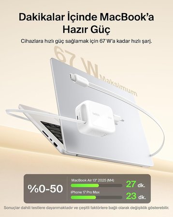Belkin UltraCharge 67 W GaN Şarj Aleti, 0,8 m Geri Çekilebilir USB-C Kablo ile, Beyaz