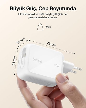 Belkin UltraCharge 67 W GaN Şarj Aleti, 0,8 m Geri Çekilebilir USB-C Kablo ile, Beyaz