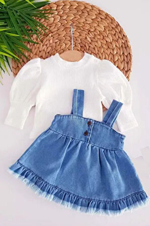 Kız Bebek Püsküllü Kot Jile Elbise Balon Bluz Lüks Jean Takım