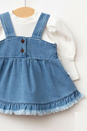 Kız Bebek Püsküllü Kot Jile Elbise Balon Bluz Lüks Jean Takım