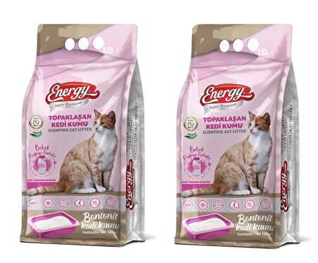 Energy Bebek Pudrası Kokulu İnce Taneli Topaklaşan Bentonit Kedi Kumu 2 x 10 Paket=20Lt