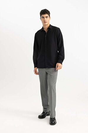 DeFacto Modern Fit Polo Yaka Basic Düz Krinkıl Uzun Kollu Siyah Gömlek B7384AX24SPBK27