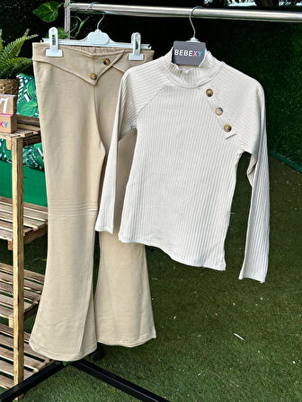 Çelik Pantolonlu Düğme Detaylı İkili Takım Krem