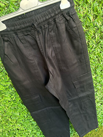 4 Cepli İpli Bel Lastikli  Bol Pantolon  Siyah