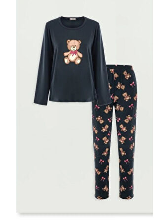 Ayıcık Desenli  Pijama Takımı Gri