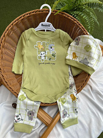 Puzzle Hayvan Desenli Yeşil Badi Takım 3'lü